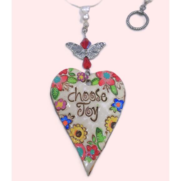 Artisan Ceramic Heart Suncatcher Choose Joy Tibetan Silver Beaded Crystals NEW - Picture 3 of 12
